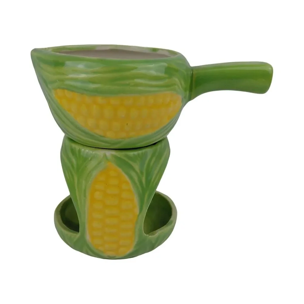 Ceramic Corn On The Cob Figural Plates (4) & Butter Warmer Serving Vintage